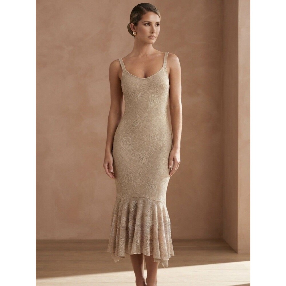 Vintage Spencer Alexis Gold Metallic Rose Lace Mermaid Midi Slip Dress Size S